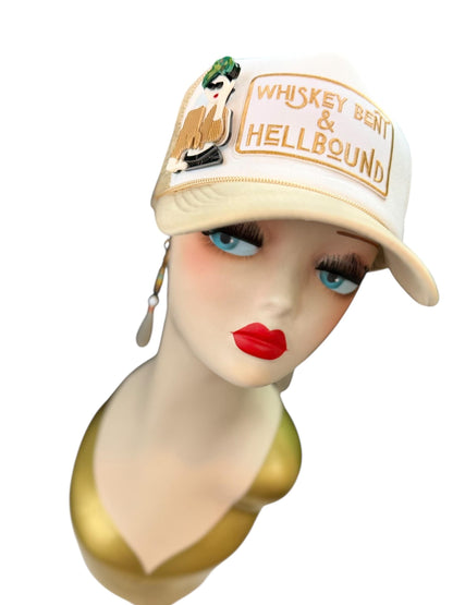 Whiskey Bent & HellBound Statement Patchwork Trucker Hat with Brooch Pin