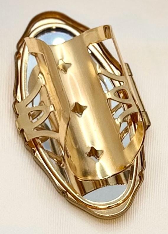Rare Gold Enamel Floral Heart Filigree Detailed Vintage Lip Balm Mirror Ring