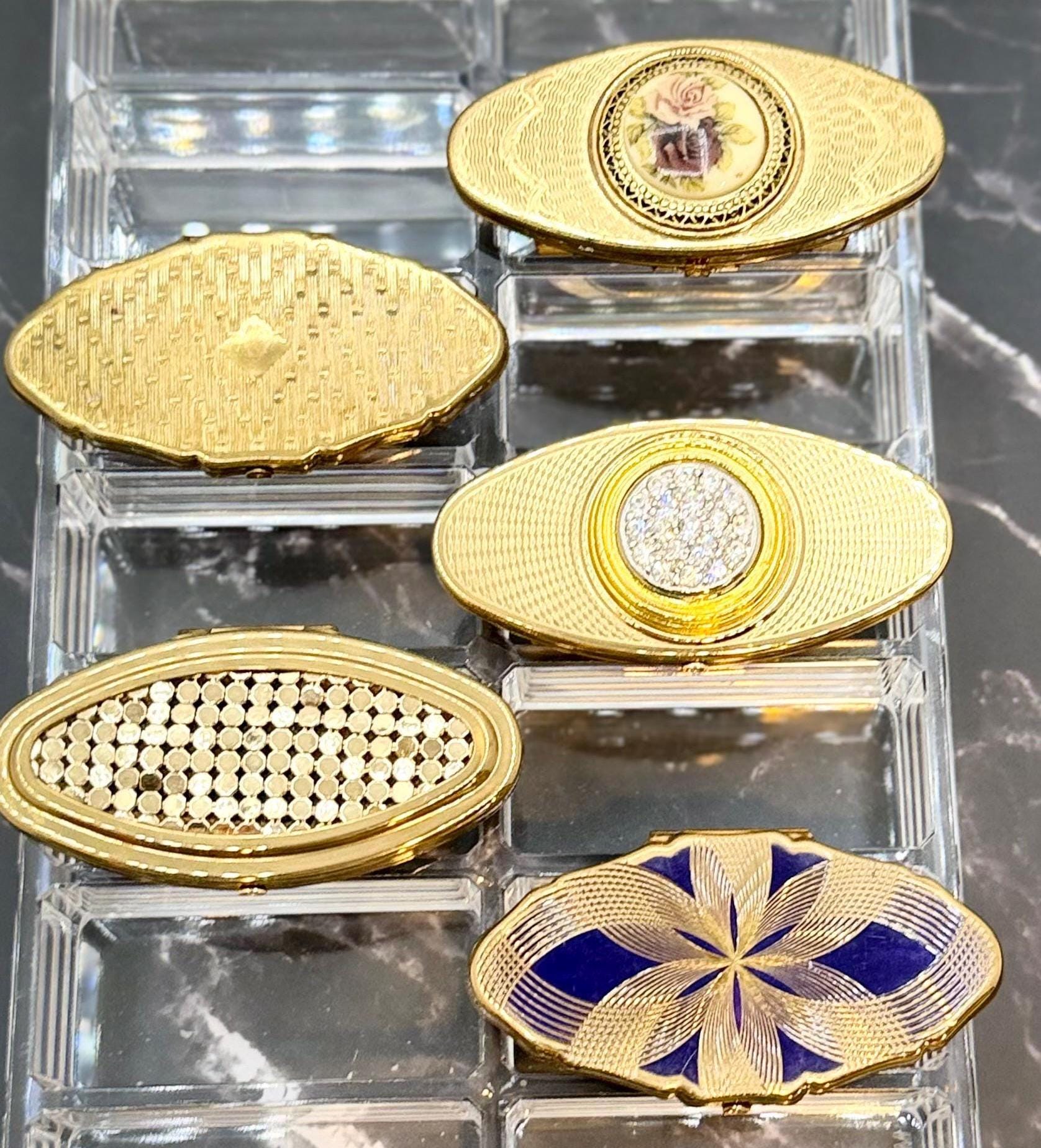 Rare Gold Enamel Floral Heart Filigree Detailed Vintage Lip Balm Mirror Ring