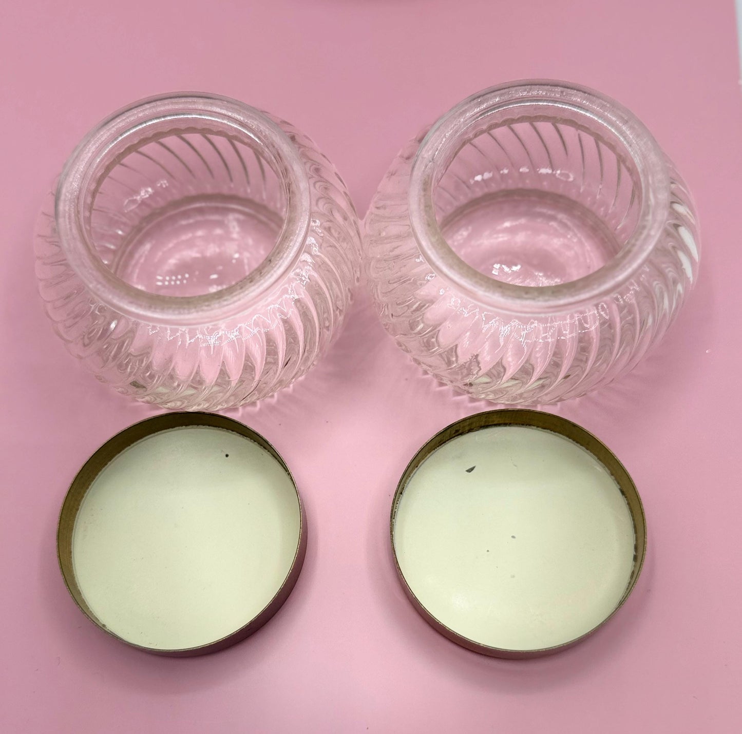 Vintage Collectible Vanity Powder Glass Jars - Heart Motif Ladies Dresser Jars