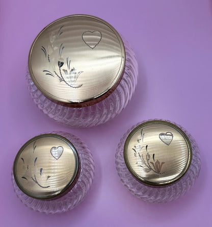 Vintage Collectible Vanity Powder Glass Jars - Heart Motif Ladies Dresser Jars