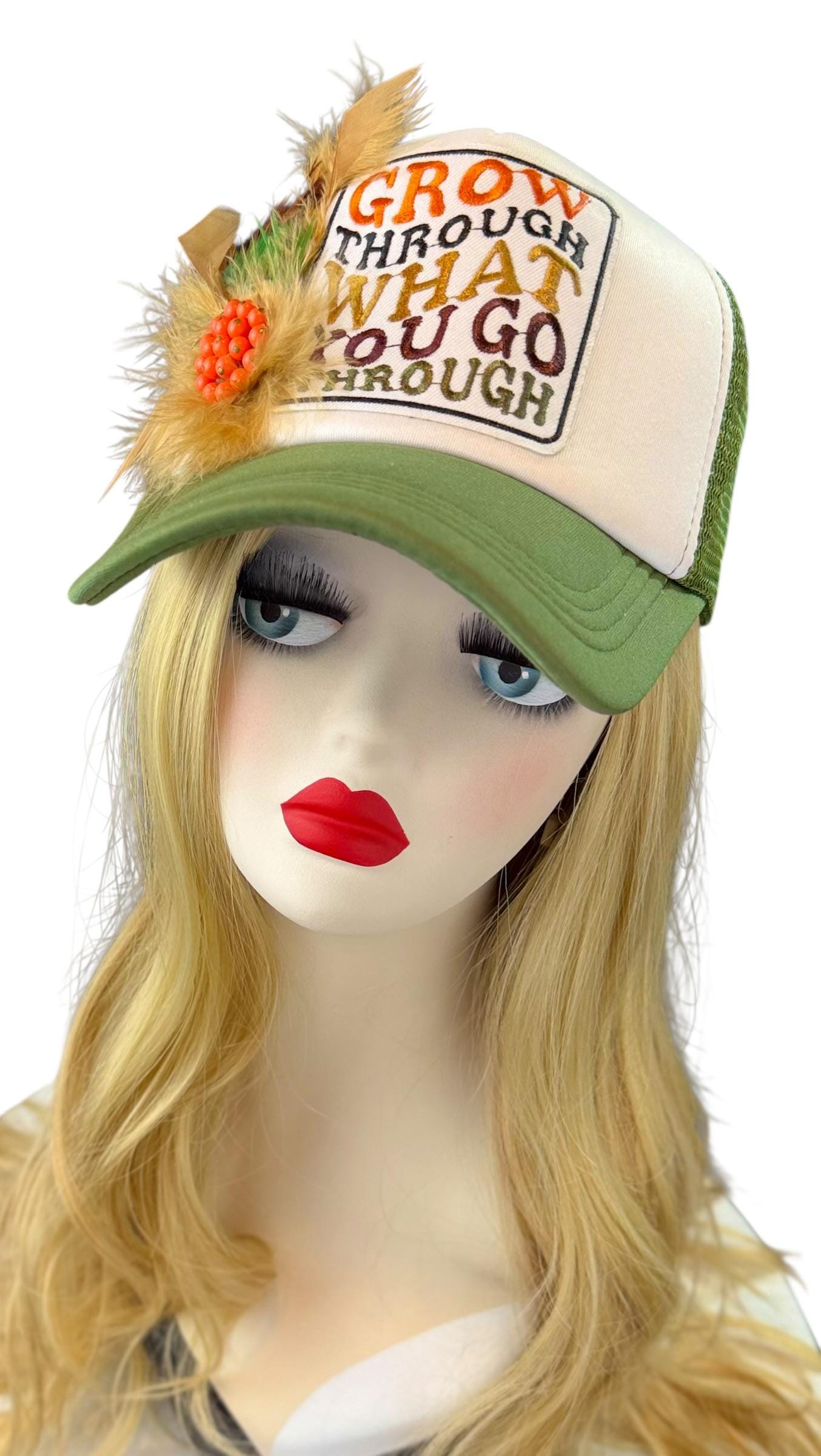 Inspirational Statement Message in Patchwork Embellished with Feathers & Jewels - Avant-Garde Fashionable Trucker Hat