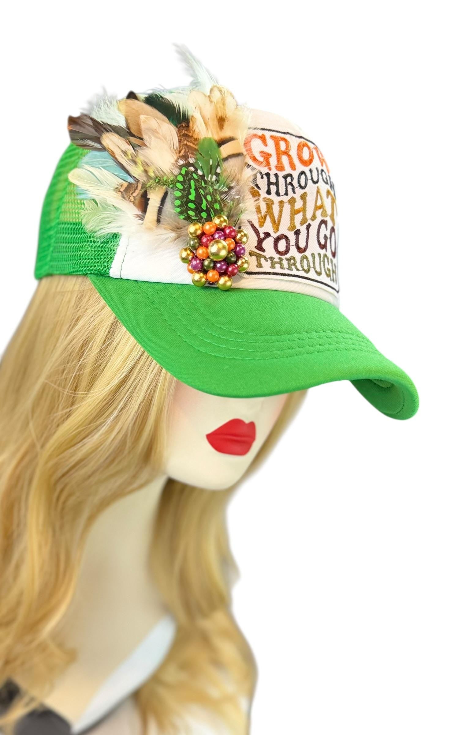 Inspirational Statement Message in Patchwork Embellished with Feathers & Jewels - Avant-Garde Fashionable Trucker Hat