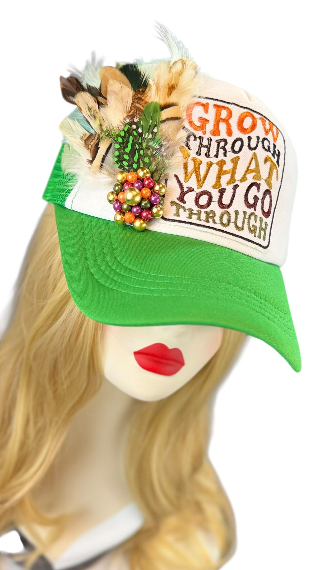 Inspirational Statement Message in Patchwork Embellished with Feathers & Jewels - Avant-Garde Fashionable Trucker Hat