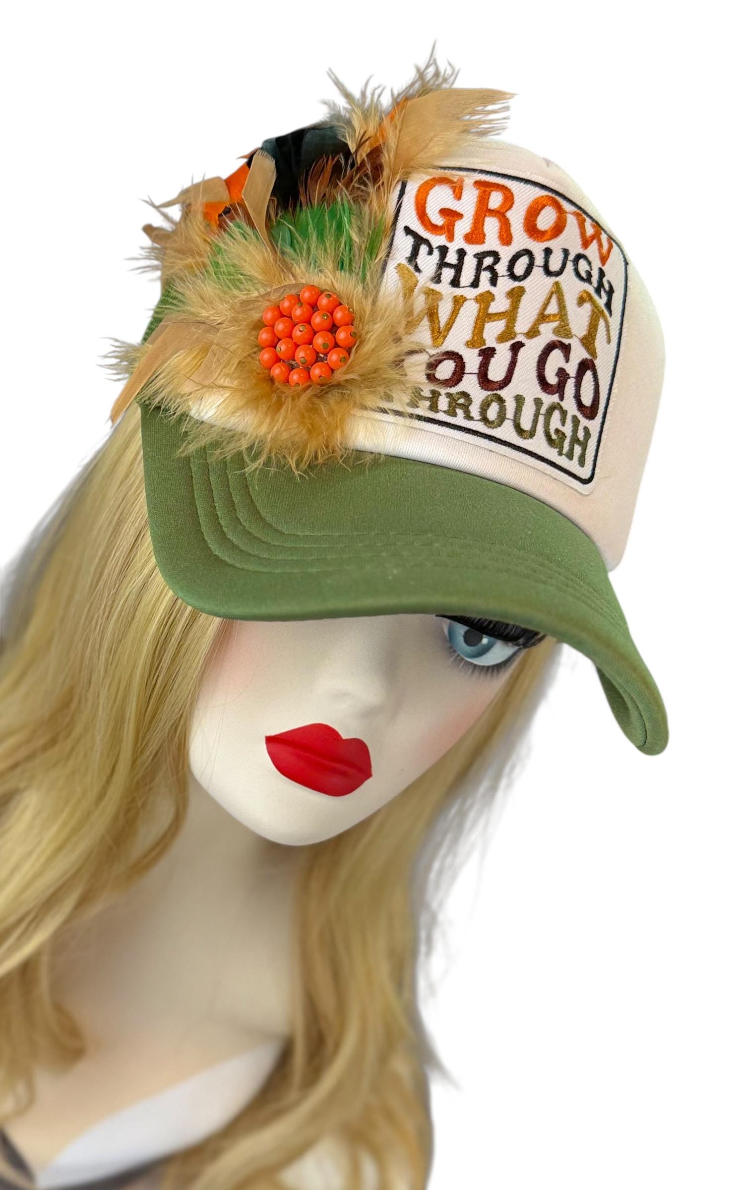 Inspirational Statement Message in Patchwork Embellished with Feathers & Jewels - Avant-Garde Fashionable Trucker Hat