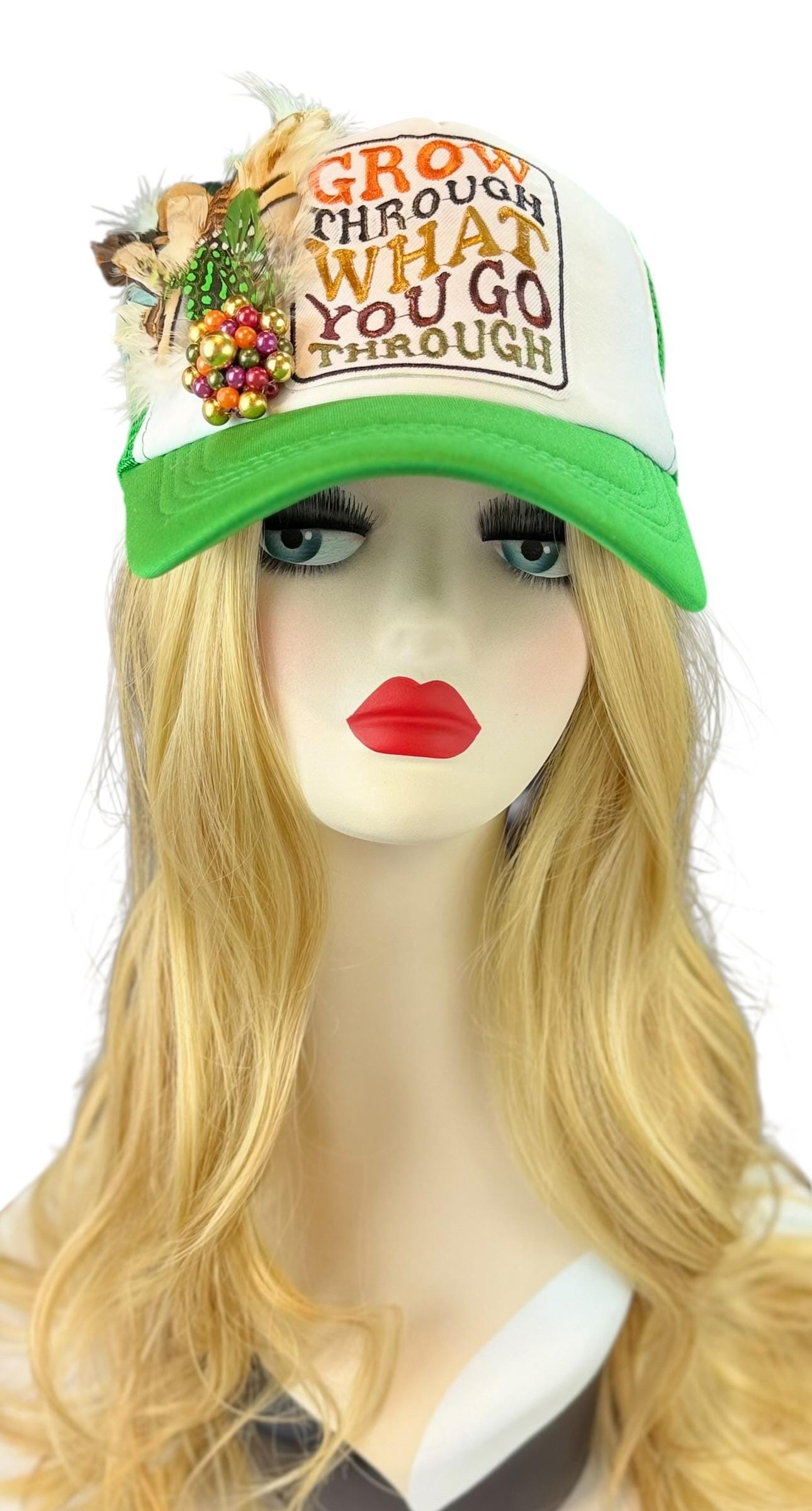 Inspirational Statement Message in Patchwork Embellished with Feathers & Jewels - Avant-Garde Fashionable Trucker Hat
