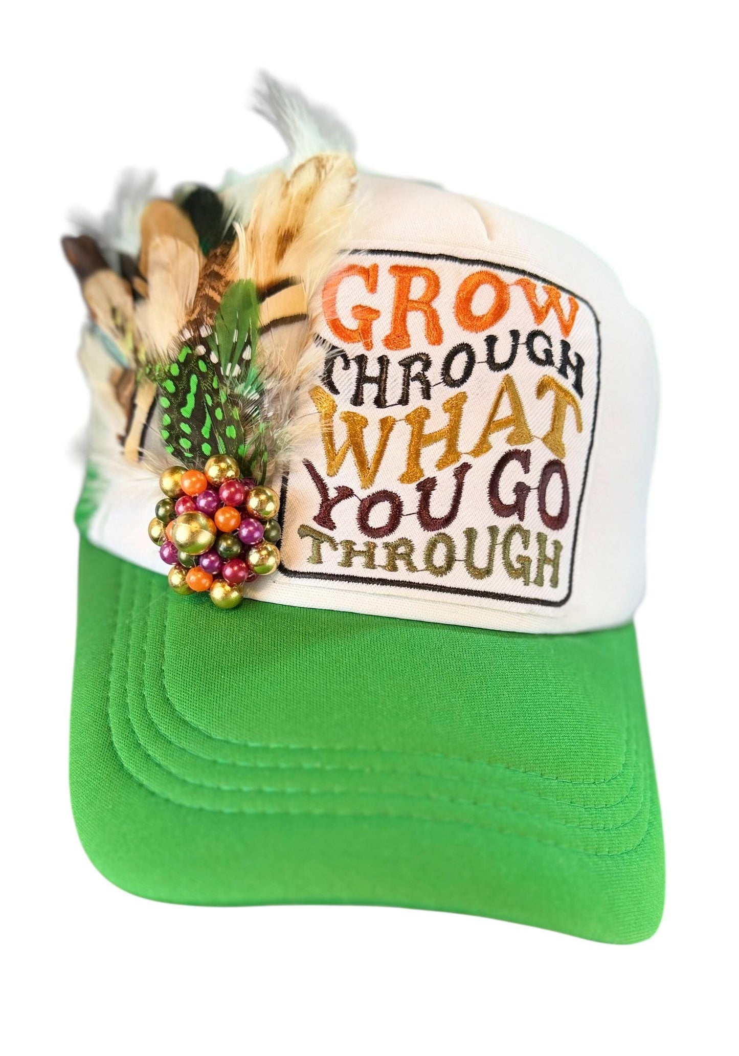 Inspirational Statement Message in Patchwork Embellished with Feathers & Jewels - Avant-Garde Fashionable Trucker Hat