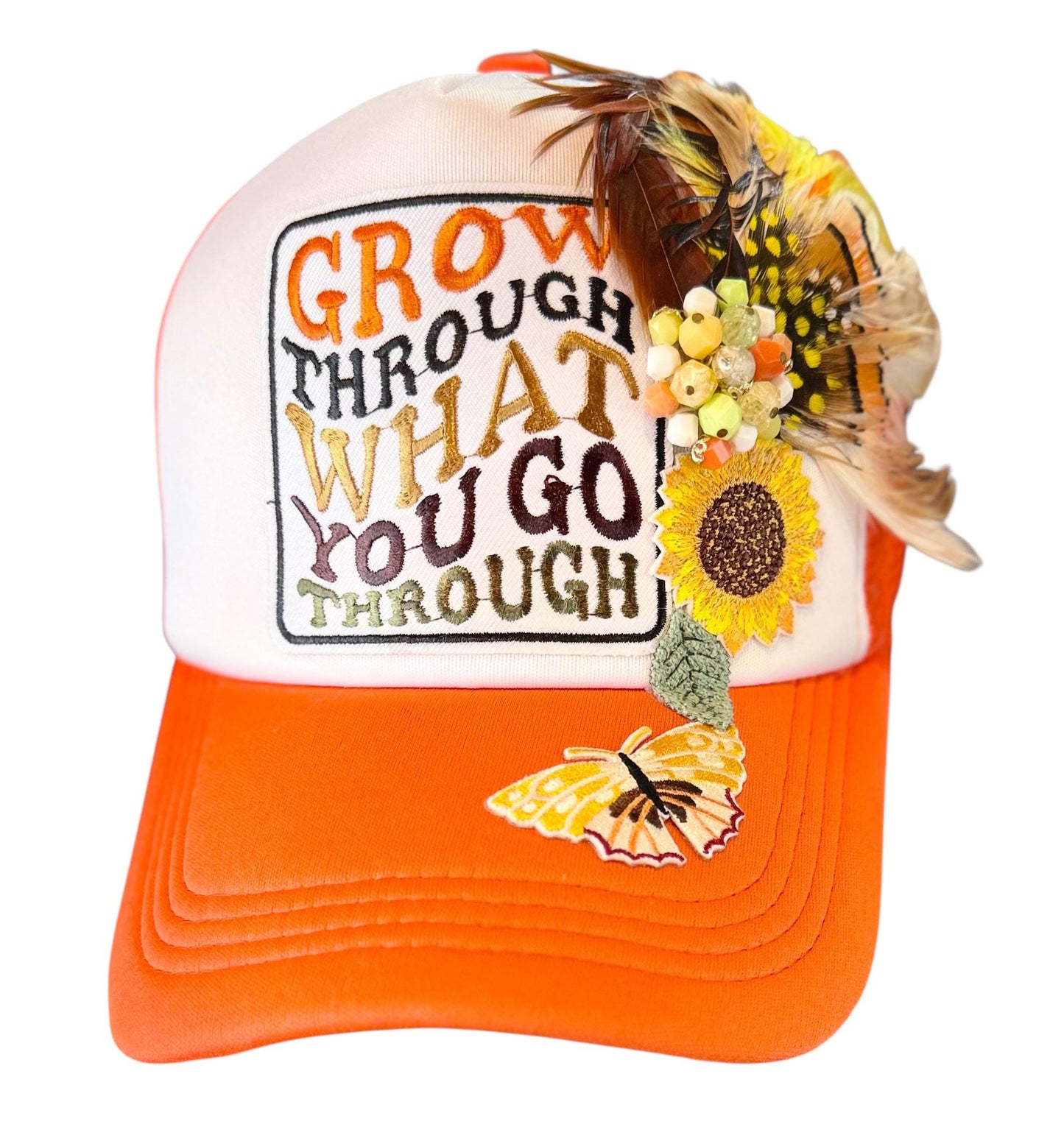 Inspirational Statement Message in Patchwork Embellished with Feathers & Jewels - Avant-Garde Fashionable Trucker Hat
