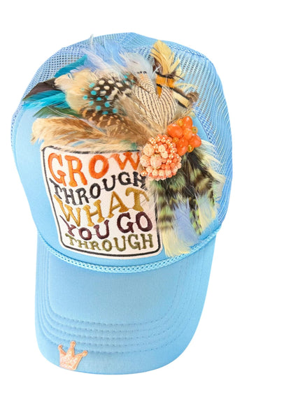 Inspirational Statement Message in Patchwork Embellished with Feathers & Jewels - Avant-Garde Fashionable Trucker Hat