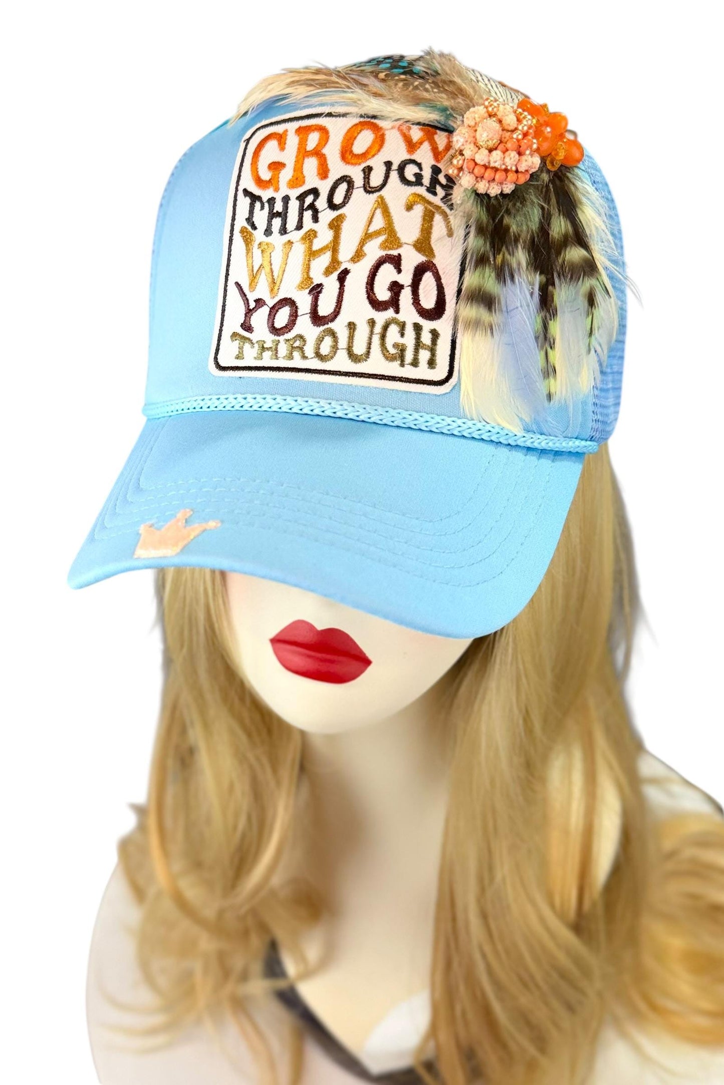 Inspirational Statement Message in Patchwork Embellished with Feathers & Jewels - Avant-Garde Fashionable Trucker Hat