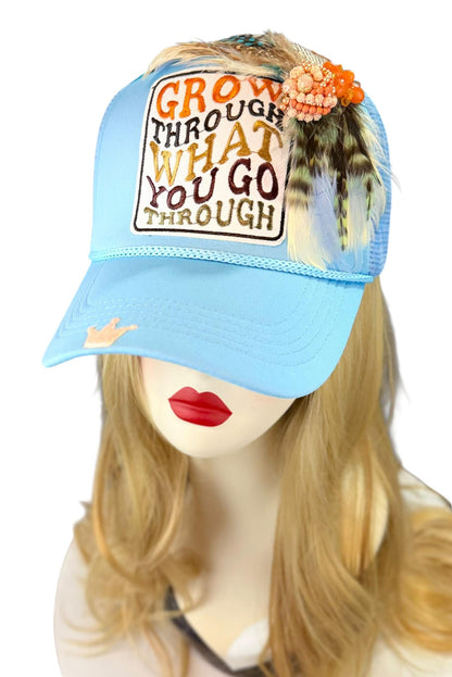Inspirational Statement Message in Patchwork Embellished with Feathers & Jewels - Avant-Garde Fashionable Trucker Hat