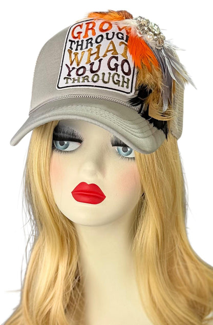 Inspirational Statement Message in Patchwork Embellished with Feathers & Jewels - Avant-Garde Fashionable Trucker Hat