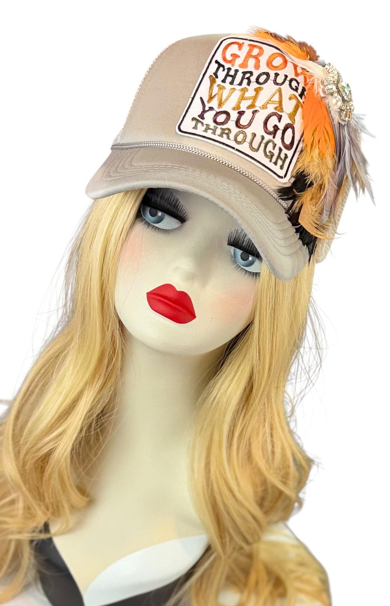 Inspirational Statement Message in Patchwork Embellished with Feathers & Jewels - Avant-Garde Fashionable Trucker Hat