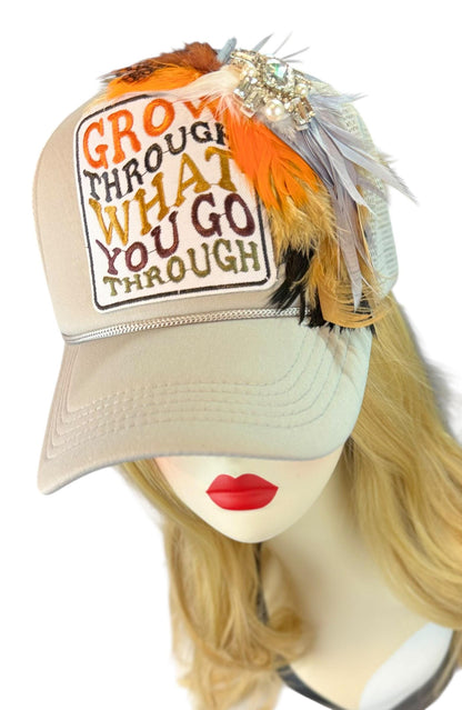 Inspirational Statement Message in Patchwork Embellished with Feathers & Jewels - Avant-Garde Fashionable Trucker Hat