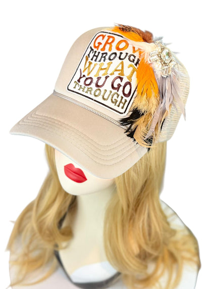 Inspirational Statement Message in Patchwork Embellished with Feathers & Jewels - Avant-Garde Fashionable Trucker Hat
