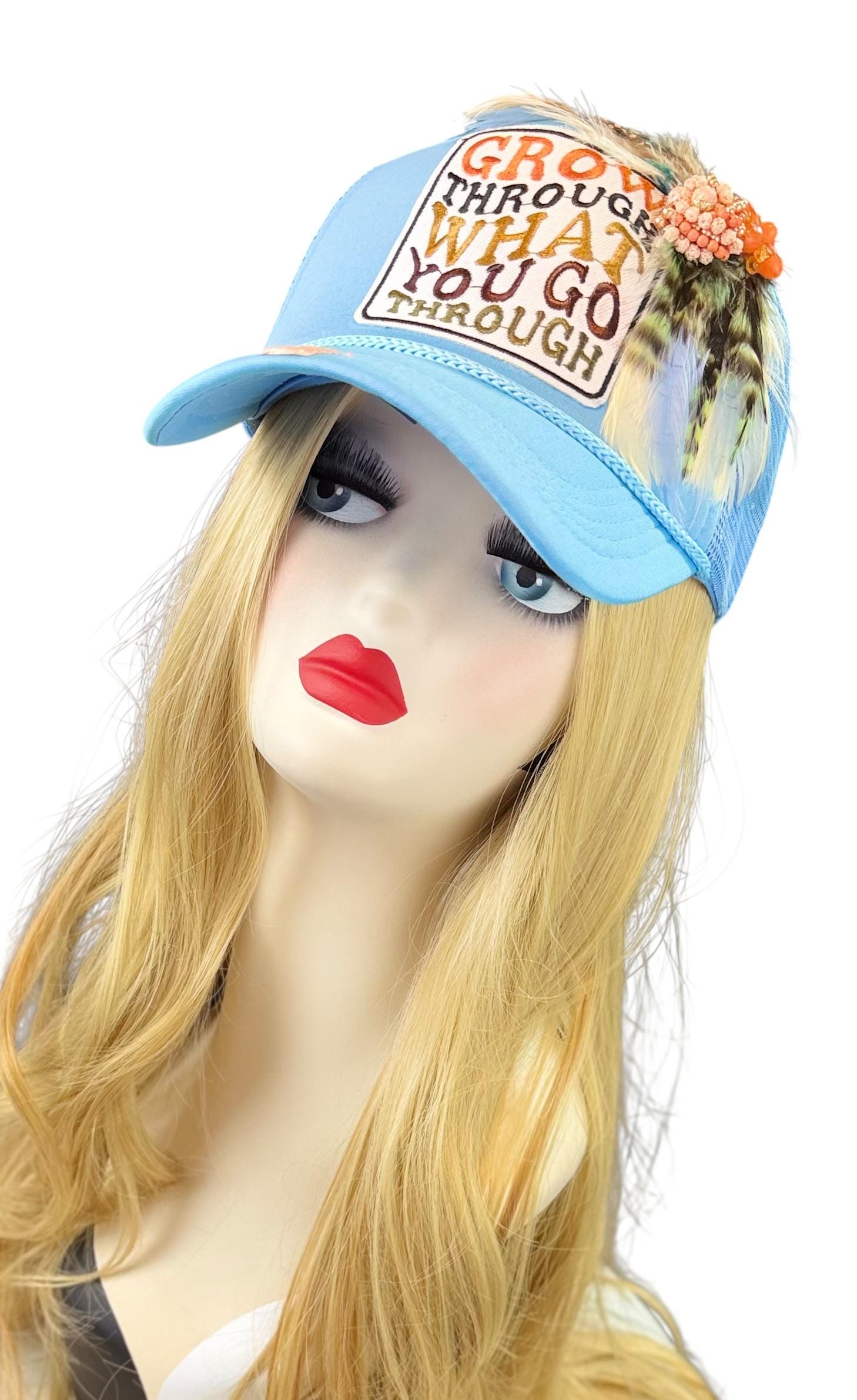 Inspirational Statement Message in Patchwork Embellished with Feathers & Jewels - Avant-Garde Fashionable Trucker Hat