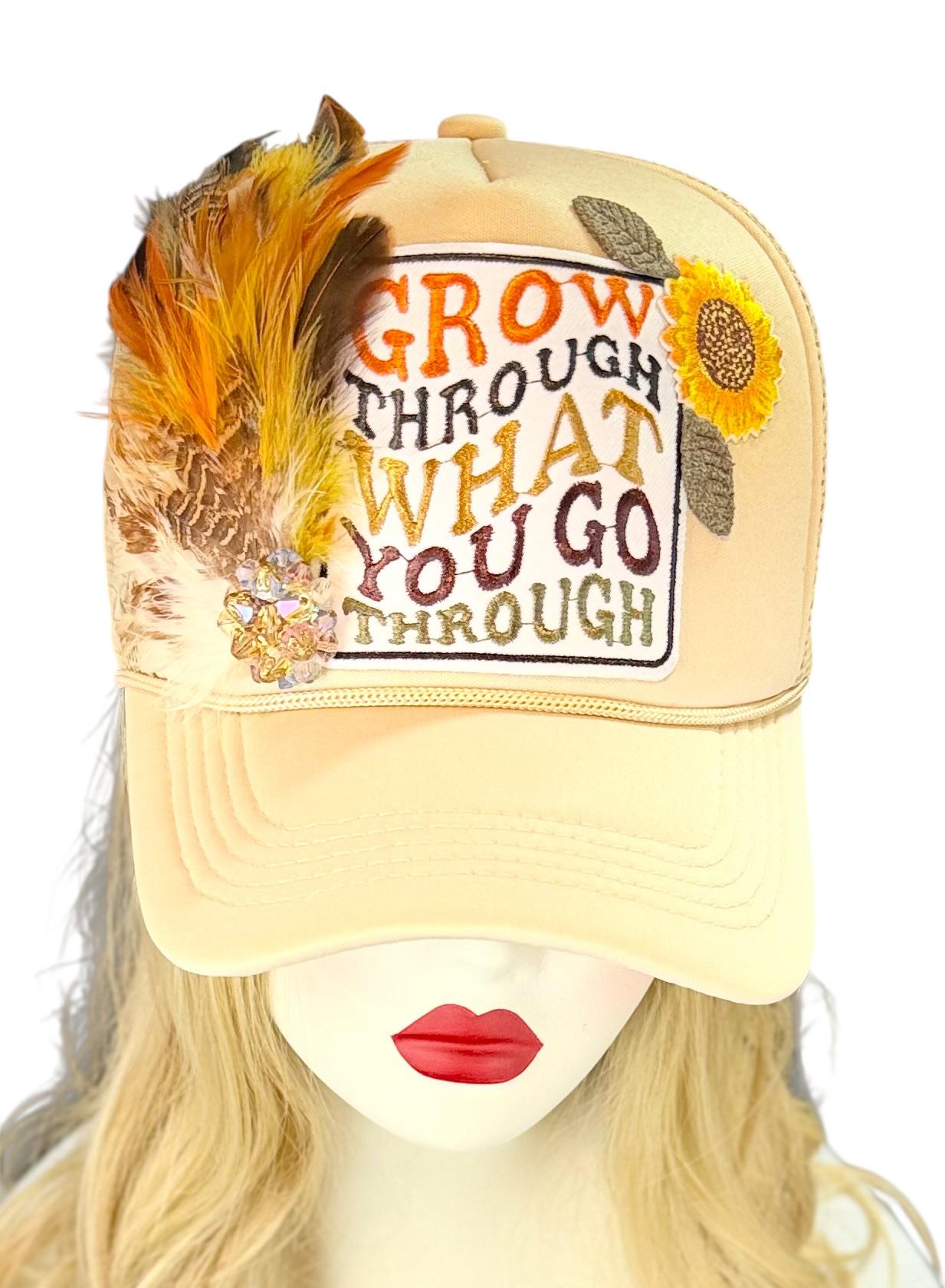 Inspirational Statement Message in Patchwork Embellished with Feathers & Jewels - Avant-Garde Fashionable Trucker Hat