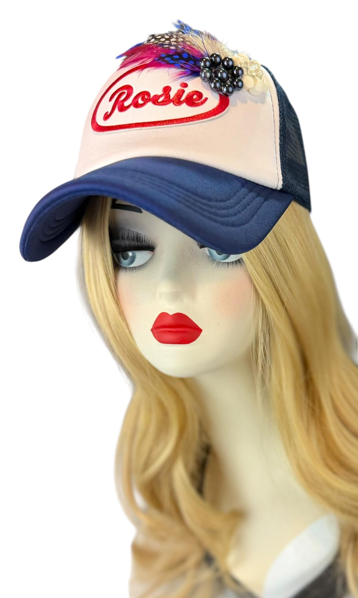 Rosie Strong American Made Feathered Style Statement Patchwork Vintage Jeweled Trucker Hat