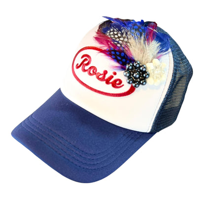 Rosie Strong American Made Feathered Style Statement Patchwork Vintage Jeweled Trucker Hat
