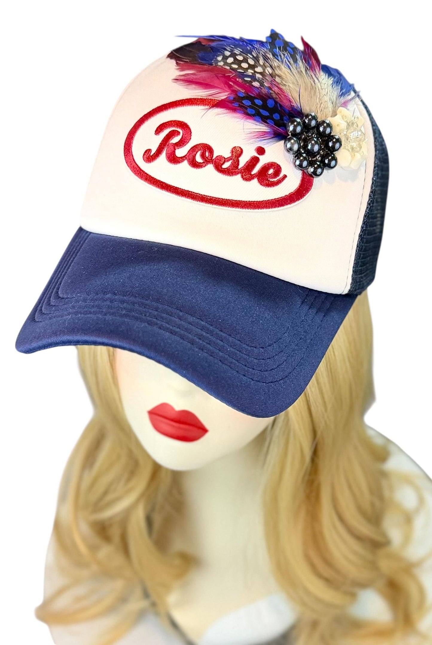 Rosie Strong American Made Feathered Style Statement Patchwork Vintage Jeweled Trucker Hat