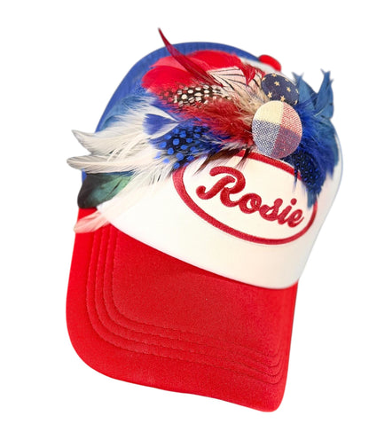 Rosie Strong American Made Feathered Style Statement Patchwork Vintage Jeweled Trucker Hat