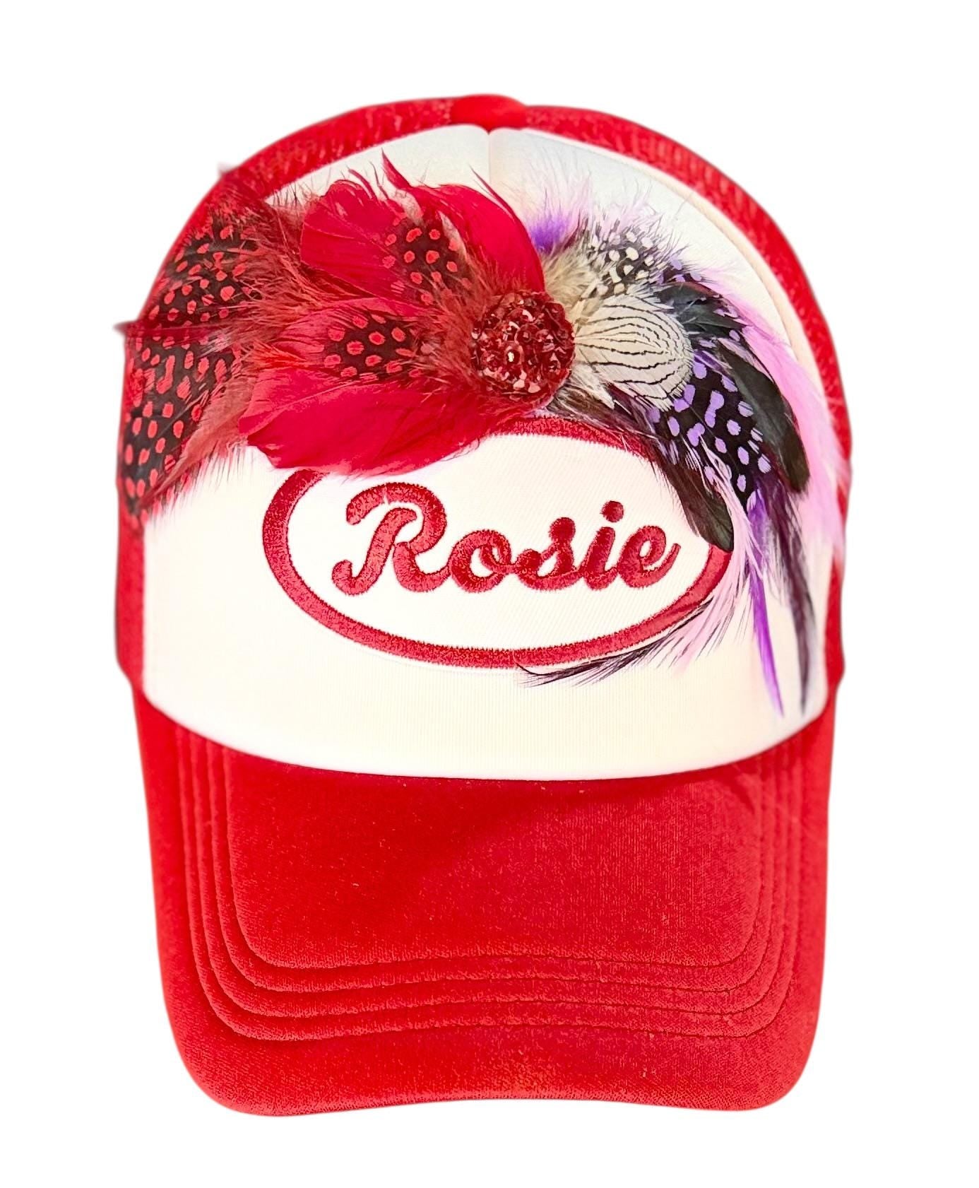 Rosie Strong American Made Feathered Style Statement Patchwork Vintage Jeweled Trucker Hat