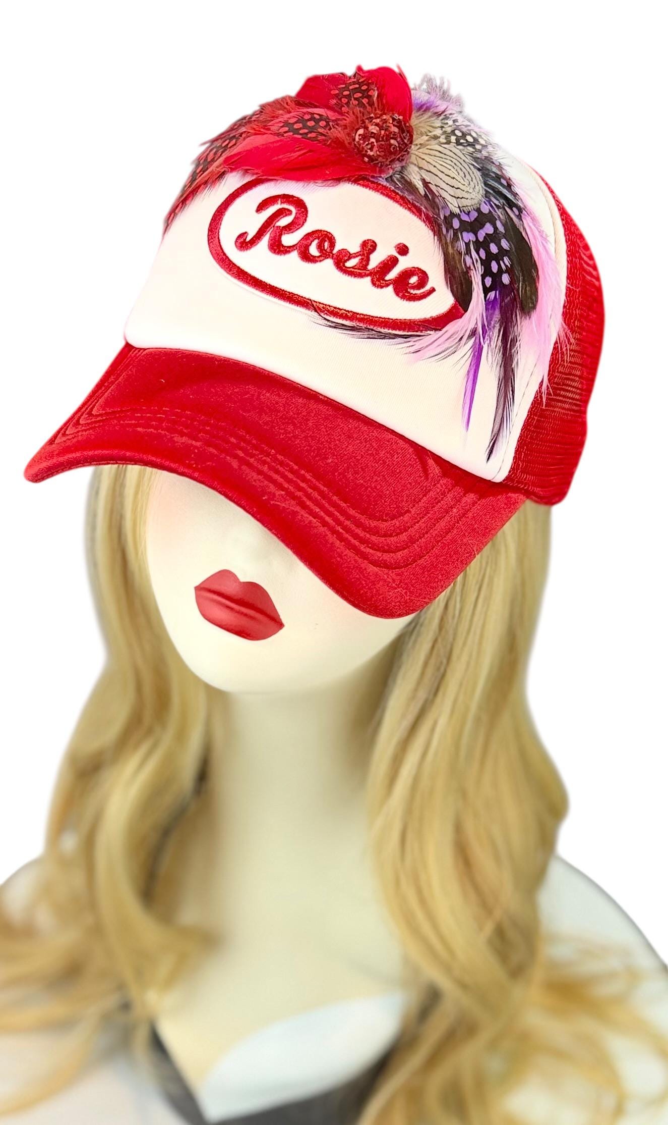 Rosie Strong American Made Feathered Style Statement Patchwork Vintage Jeweled Trucker Hat