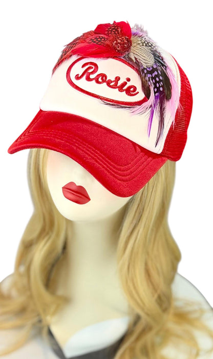 Rosie Strong American Made Feathered Style Statement Patchwork Vintage Jeweled Trucker Hat