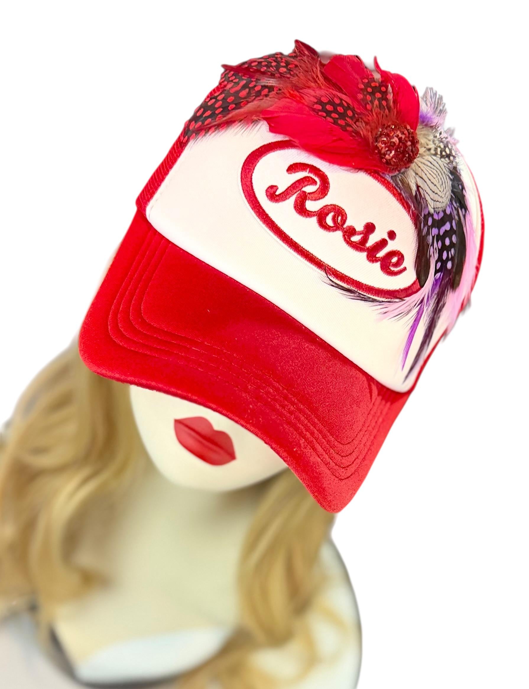 Rosie Strong American Made Feathered Style Statement Patchwork Vintage Jeweled Trucker Hat