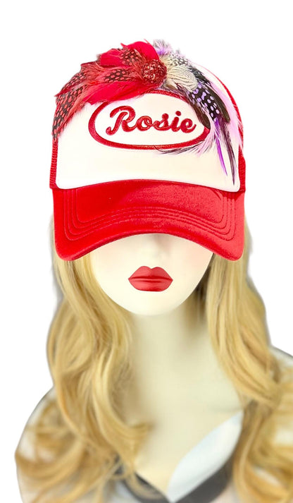 Rosie Strong American Made Feathered Style Statement Patchwork Vintage Jeweled Trucker Hat
