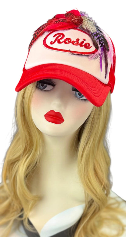 Rosie Strong American Made Feathered Style Statement Patchwork Vintage Jeweled Trucker Hat