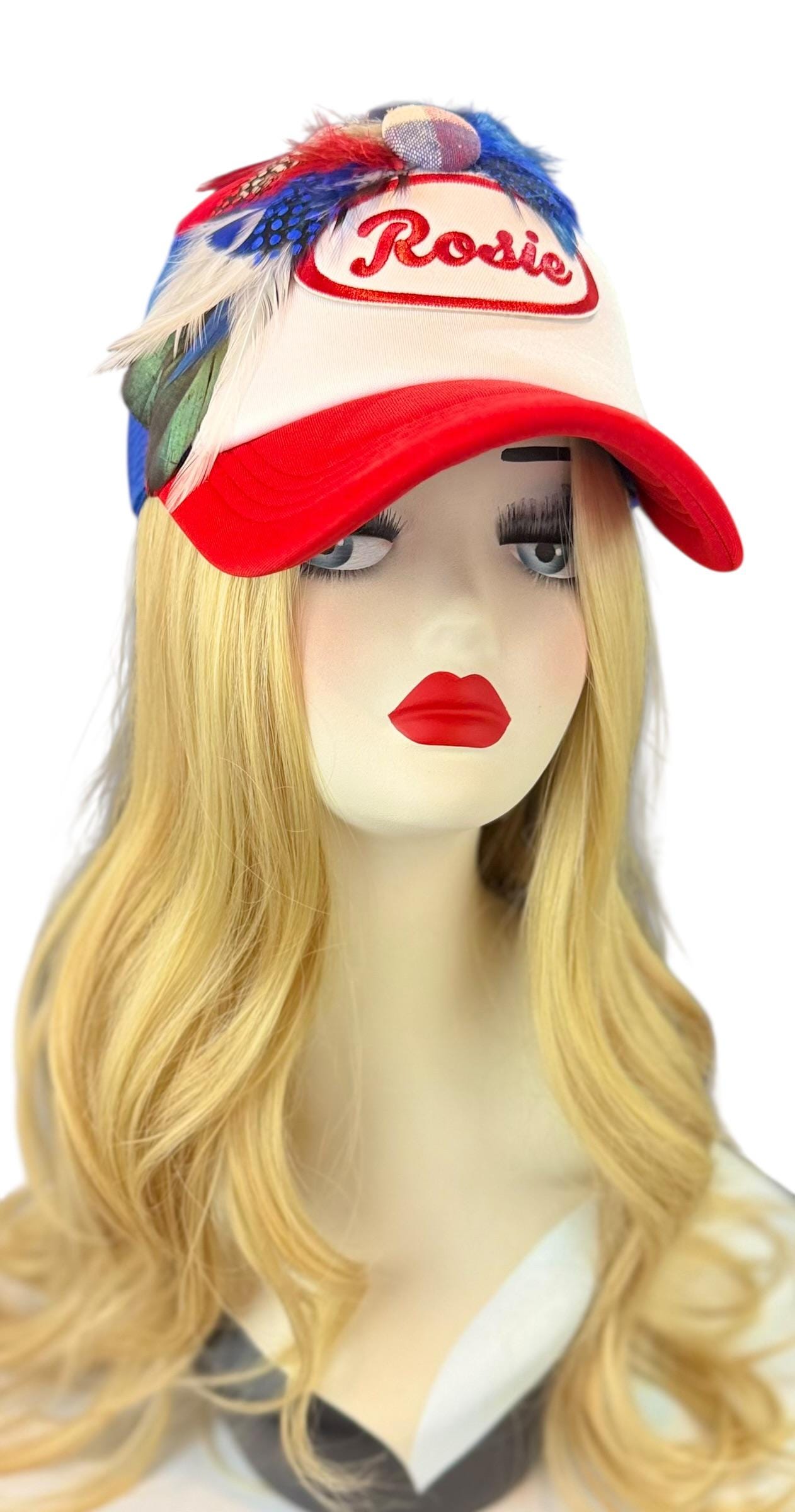 Rosie Strong American Made Feathered Style Statement Patchwork Vintage Jeweled Trucker Hat
