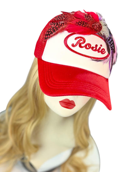 Rosie Strong American Made Feathered Style Statement Patchwork Vintage Jeweled Trucker Hat