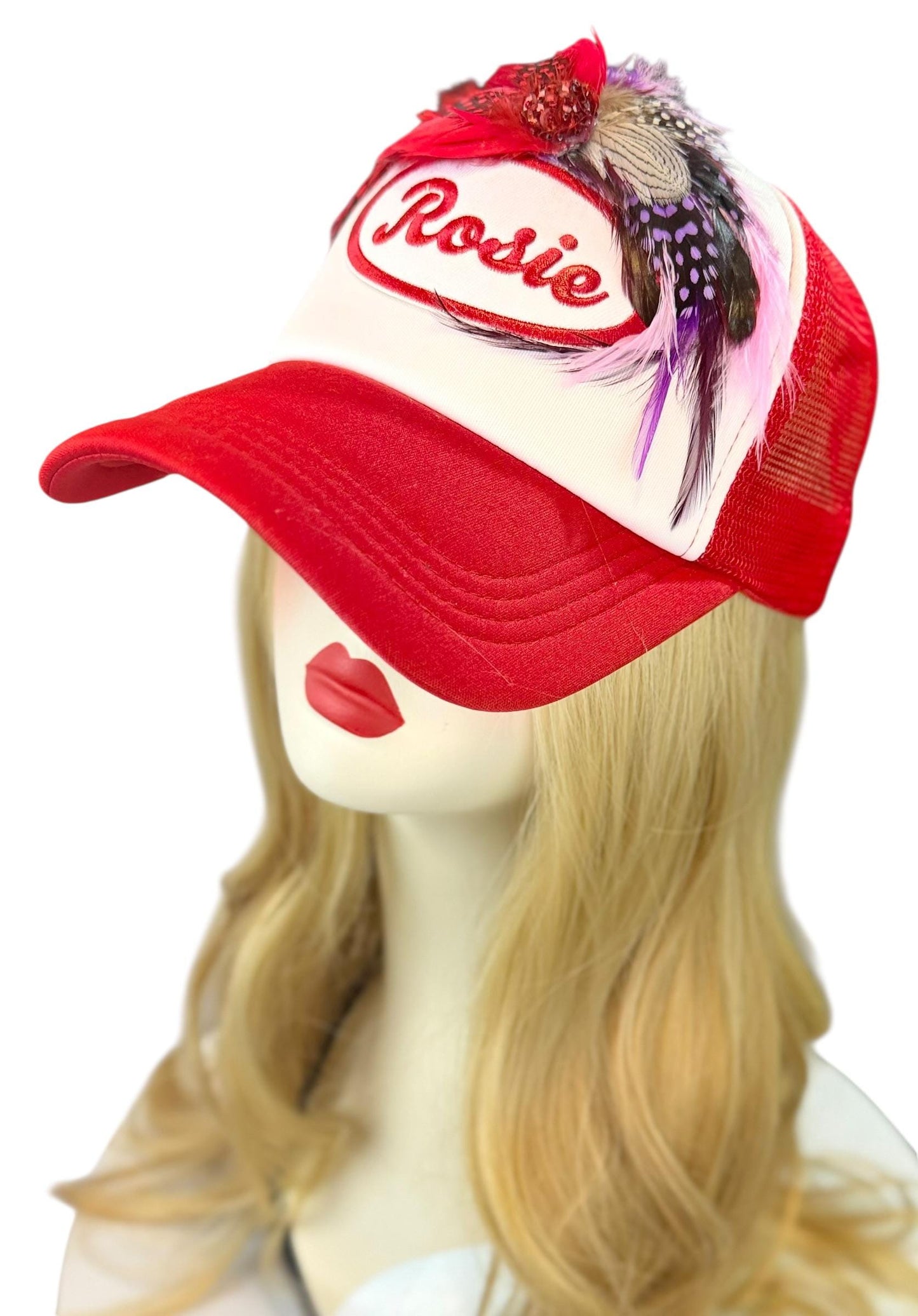 Rosie Strong American Made Feathered Style Statement Patchwork Vintage Jeweled Trucker Hat