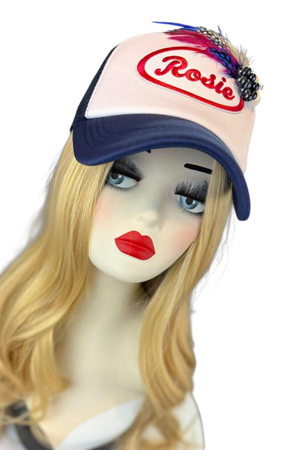 Rosie Strong American Made Feathered Style Statement Patchwork Vintage Jeweled Trucker Hat