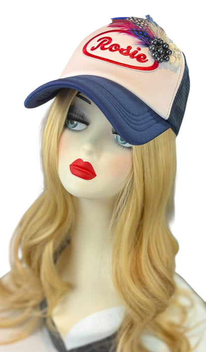 Rosie Strong American Made Feathered Style Statement Patchwork Vintage Jeweled Trucker Hat