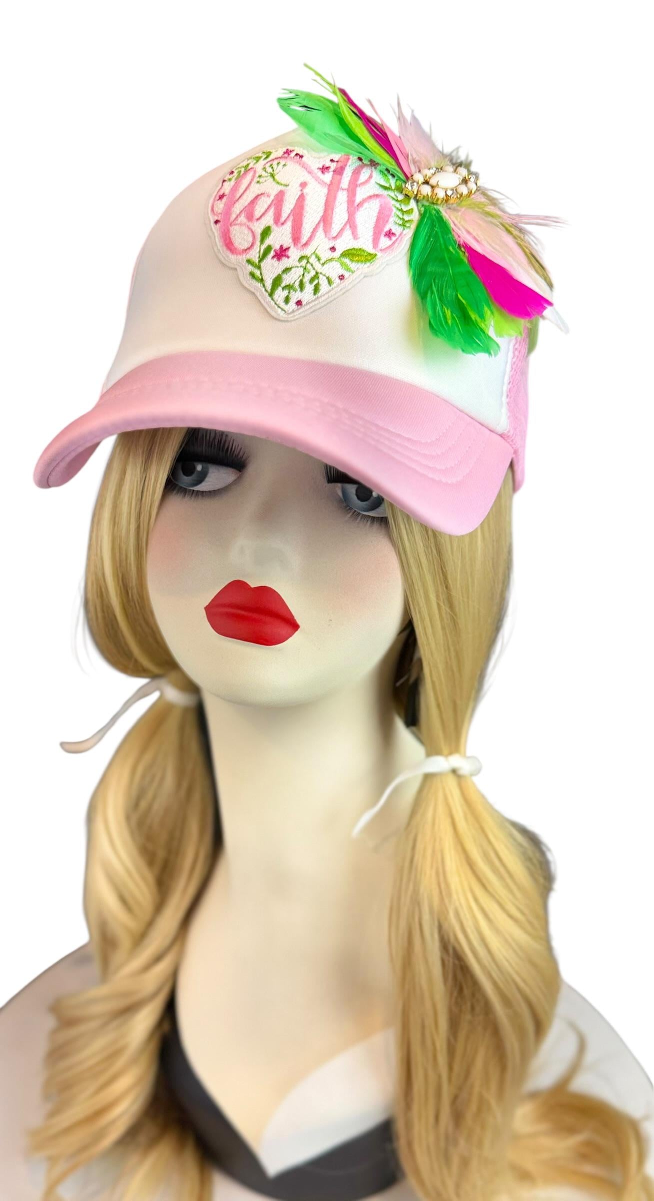 Love and “FAITH” Statement Patchwork Feathered & Jeweled Avant-Garde Fashionable Trucker Hat