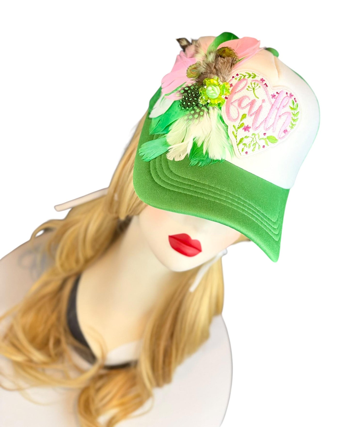Love and “FAITH” Statement Patchwork Feathered & Jeweled Avant-Garde Fashionable Trucker Hat