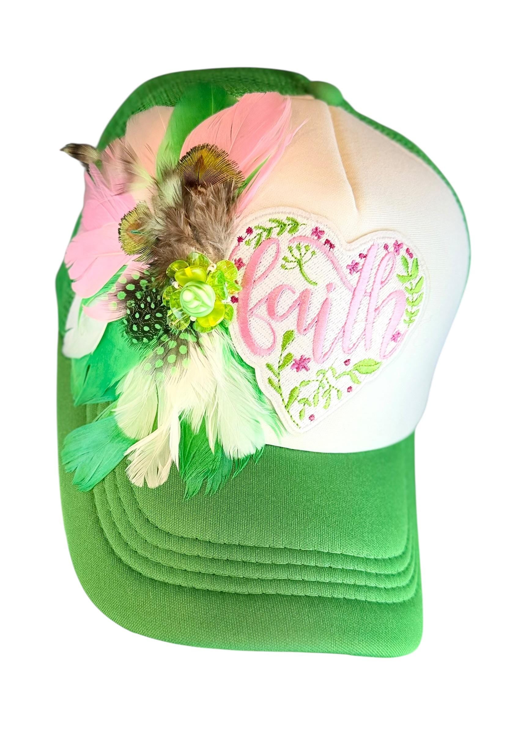 Love and “FAITH” Statement Patchwork Feathered & Jeweled Avant-Garde Fashionable Trucker Hat