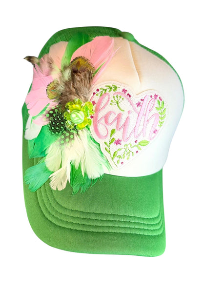 Love and “FAITH” Statement Patchwork Feathered & Jeweled Avant-Garde Fashionable Trucker Hat
