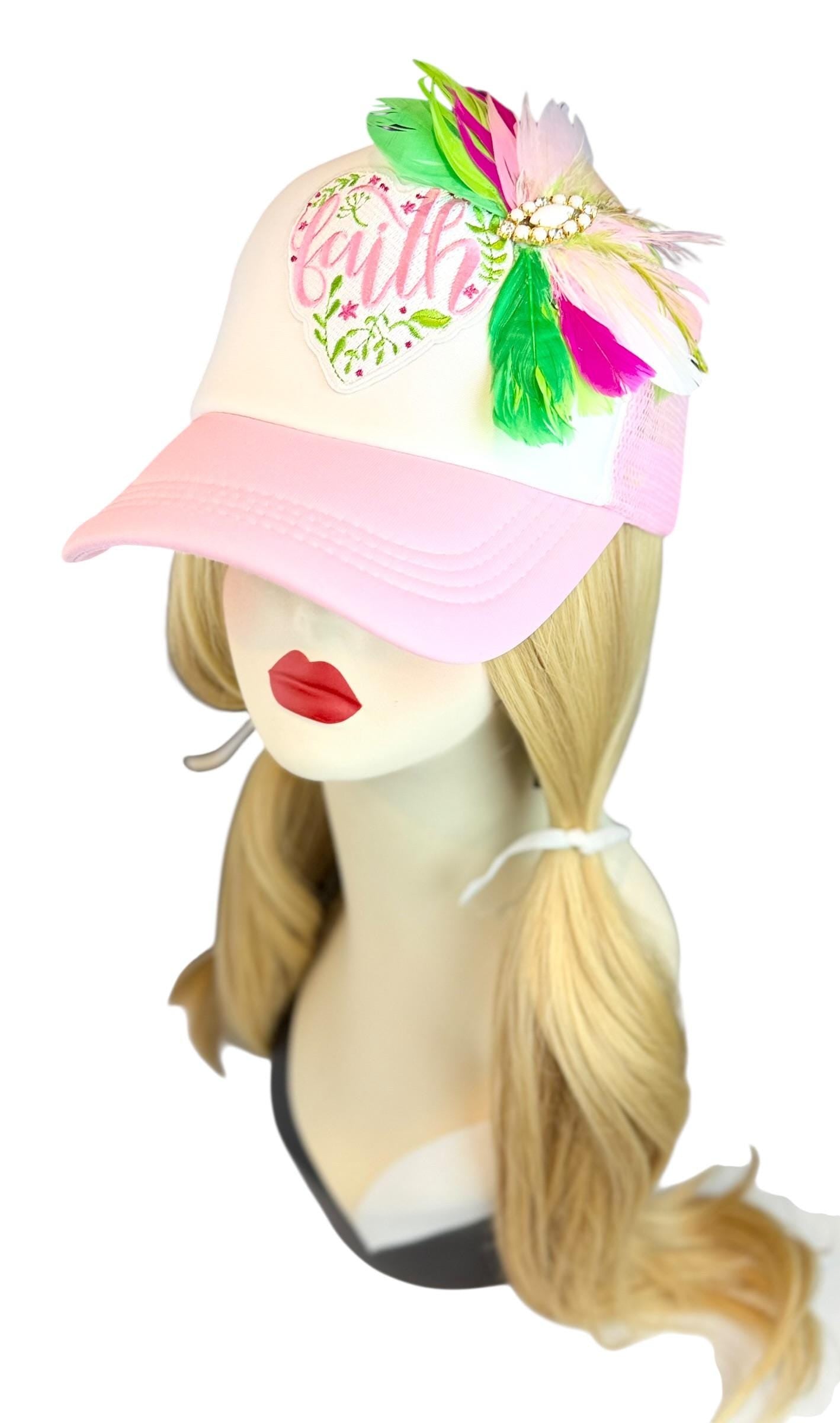 Love and “FAITH” Statement Patchwork Feathered & Jeweled Avant-Garde Fashionable Trucker Hat