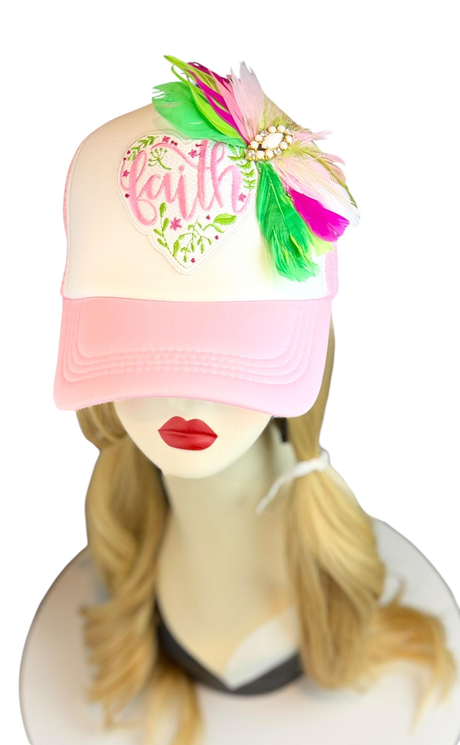 Love and “FAITH” Statement Patchwork Feathered & Jeweled Avant-Garde Fashionable Trucker Hat
