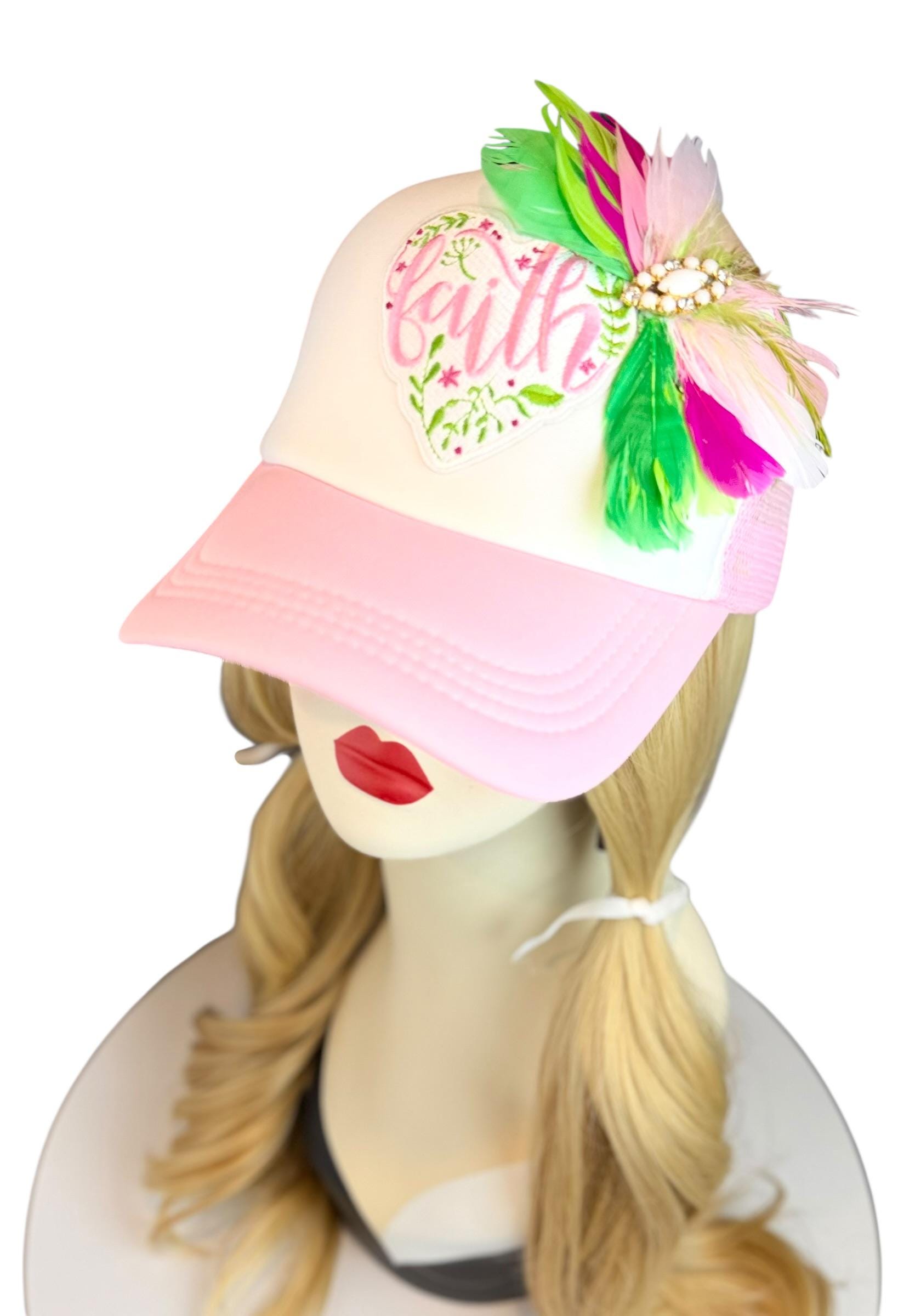 Love and “FAITH” Statement Patchwork Feathered & Jeweled Avant-Garde Fashionable Trucker Hat