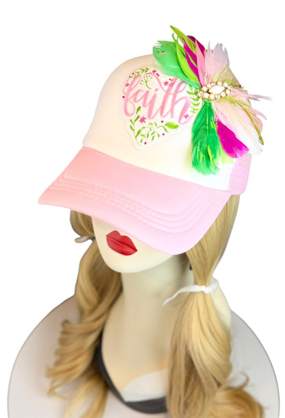 Love and “FAITH” Statement Patchwork Feathered & Jeweled Avant-Garde Fashionable Trucker Hat