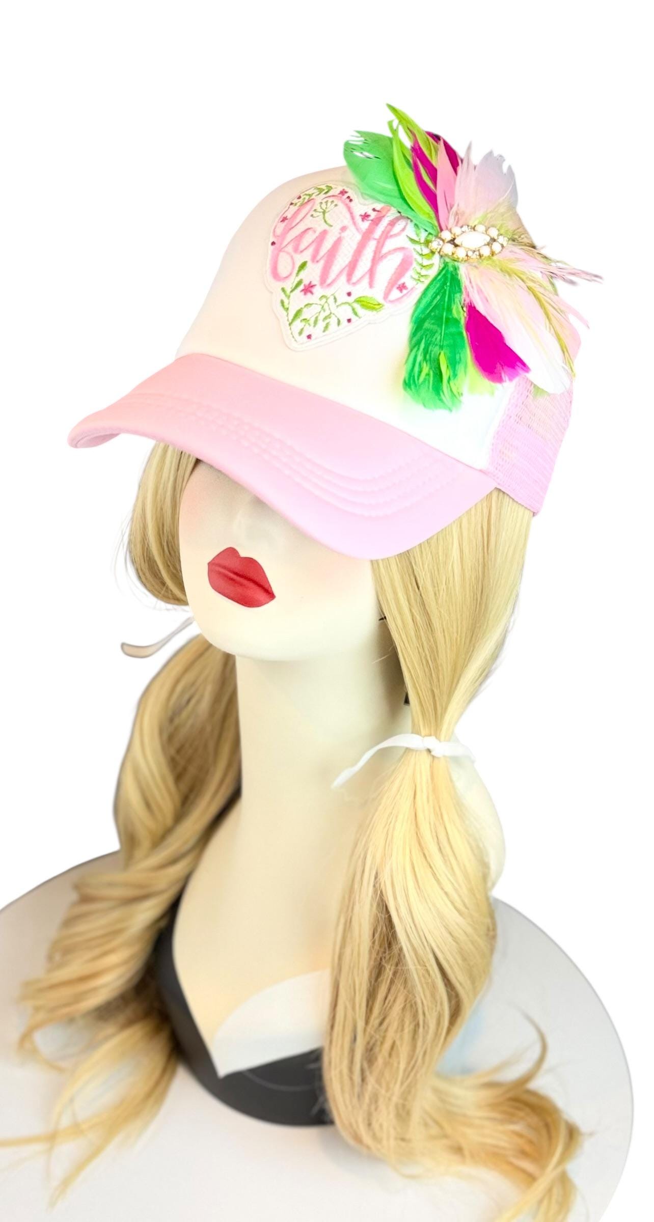 Love and “FAITH” Statement Patchwork Feathered & Jeweled Avant-Garde Fashionable Trucker Hat