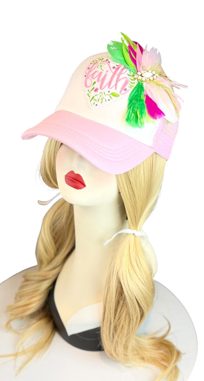 Love and “FAITH” Statement Patchwork Feathered & Jeweled Avant-Garde Fashionable Trucker Hat