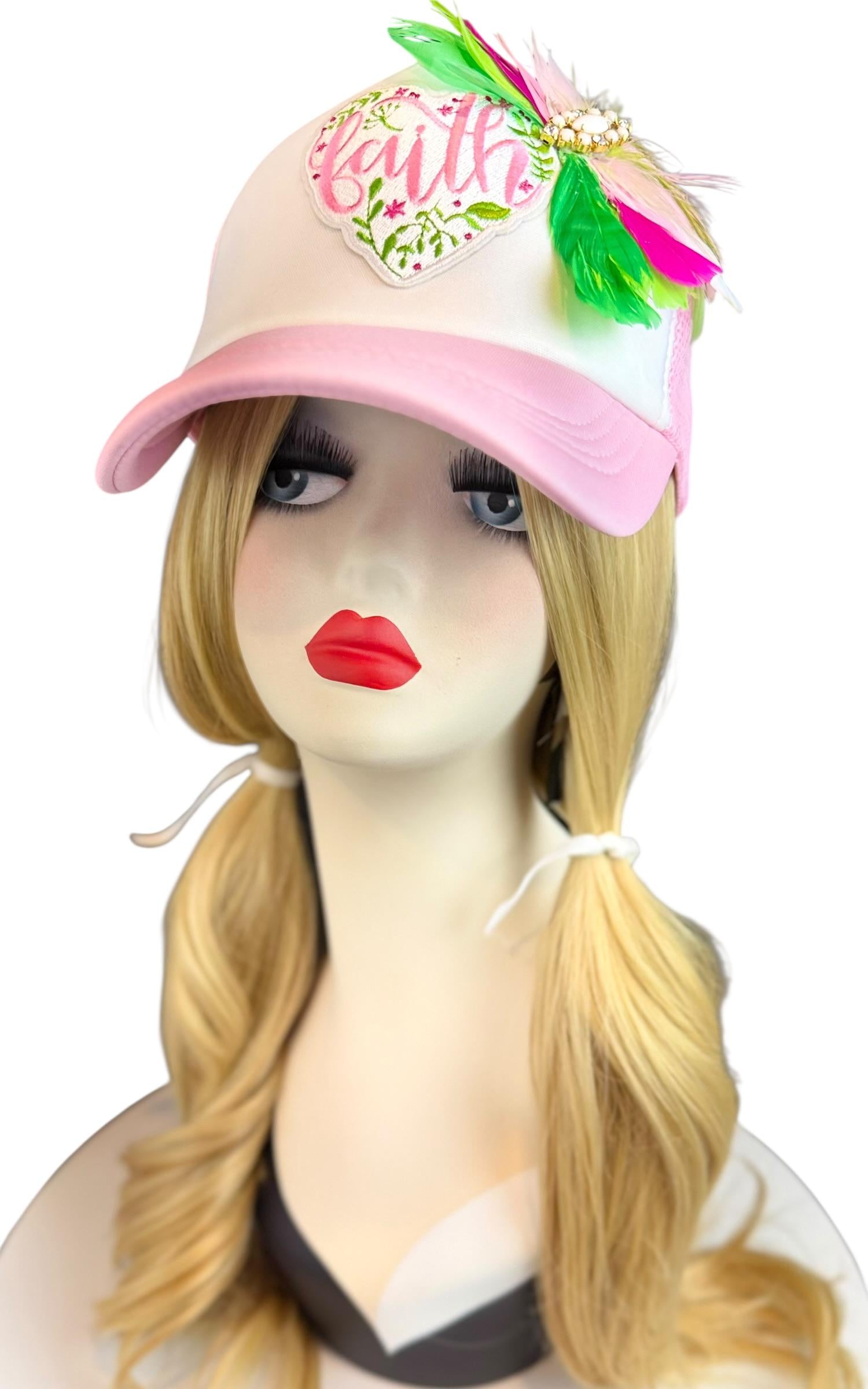 Love and “FAITH” Statement Patchwork Feathered & Jeweled Avant-Garde Fashionable Trucker Hat