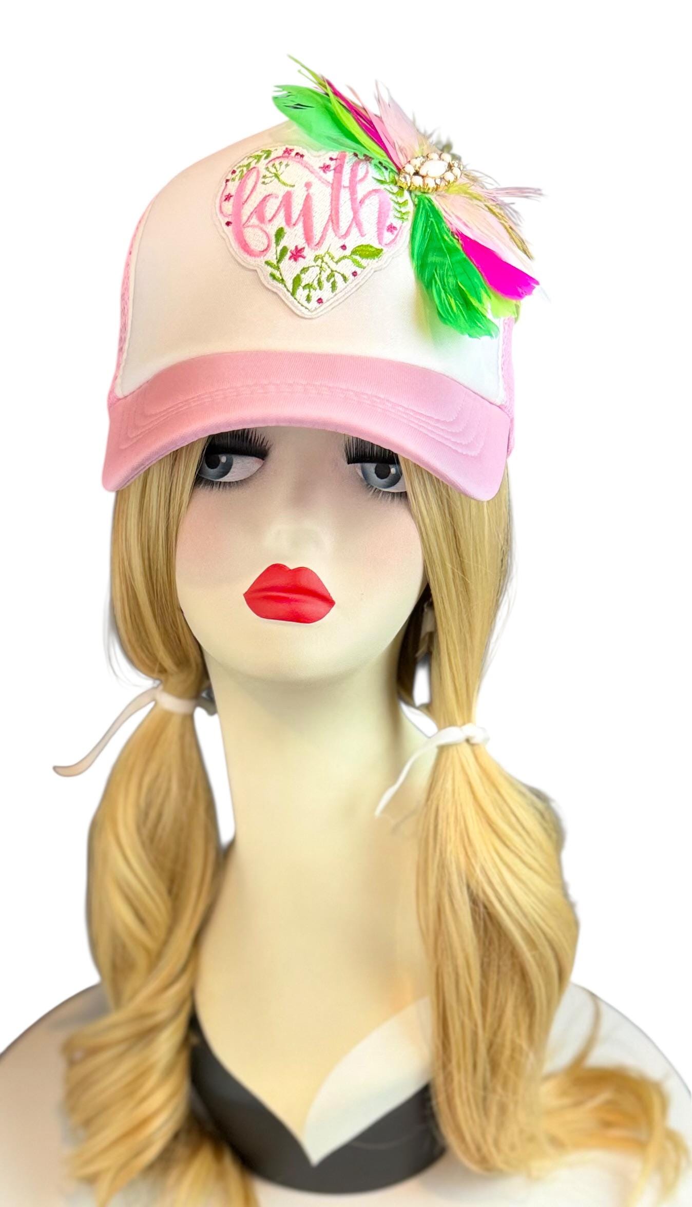 Love and “FAITH” Statement Patchwork Feathered & Jeweled Avant-Garde Fashionable Trucker Hat
