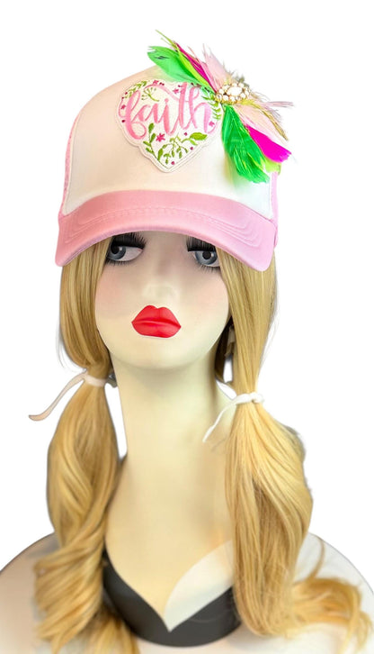 Love and “FAITH” Statement Patchwork Feathered & Jeweled Avant-Garde Fashionable Trucker Hat