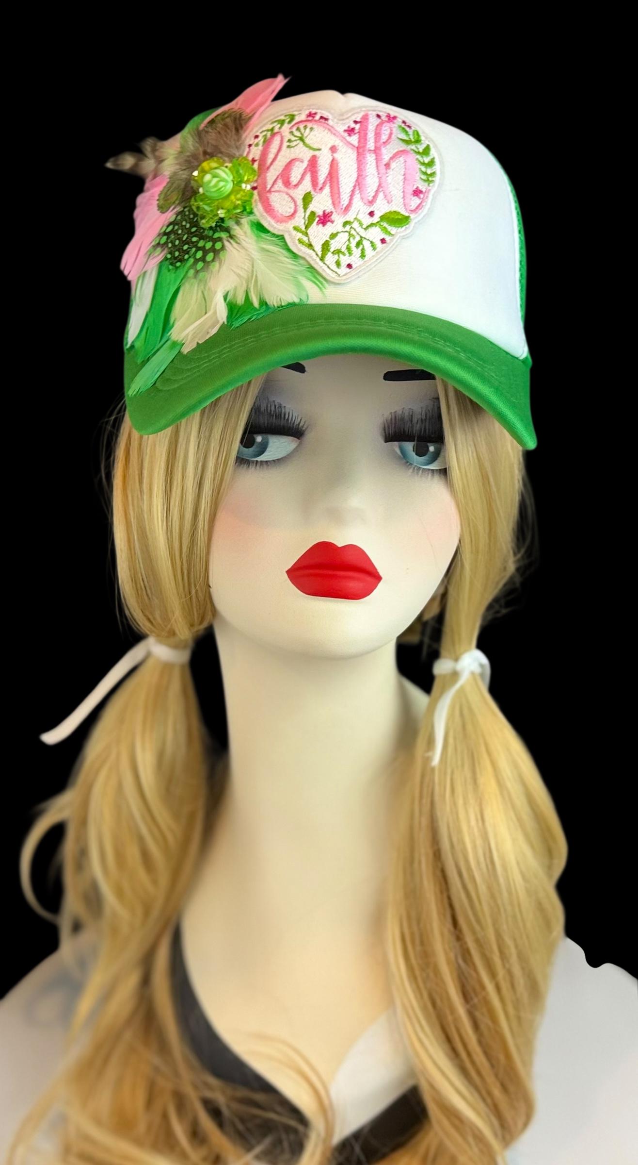 Love and “FAITH” Statement Patchwork Feathered & Jeweled Avant-Garde Fashionable Trucker Hat